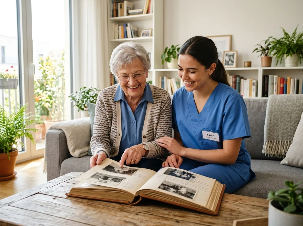 Seniorin mit einer freundlichen Betreuungskraft